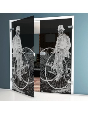 Ganzglastür Vintage Bike Gelasert Auf Grauglas