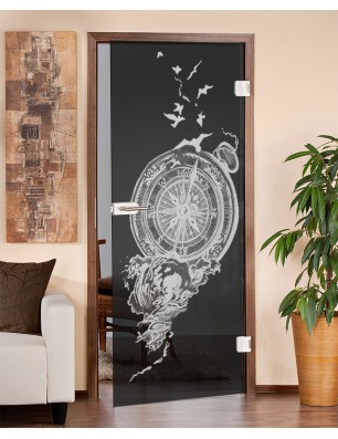 Ganzglastür Kompass Gelasert Auf Grauglas