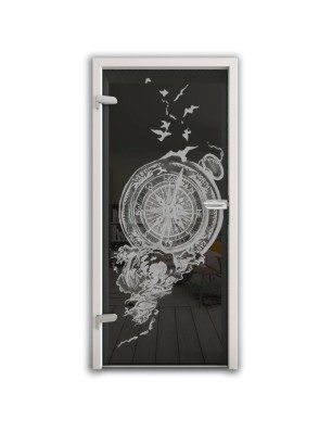 Ganzglastür Kompass Gelasert Auf Grauglas