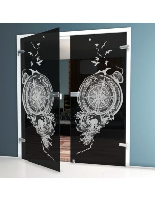 Ganzglastür Kompass Gelasert Auf Grauglas