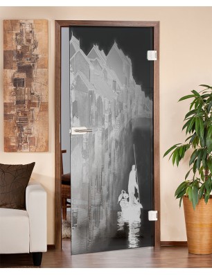 Ganzglastür Gondel Gelasert Auf Grauglas