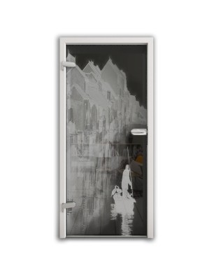 Ganzglastür Gondel Gelasert Auf Grauglas