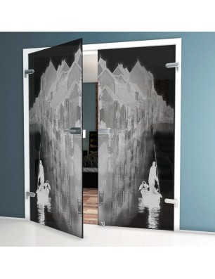 Ganzglastür Gondel Gelasert Auf Grauglas