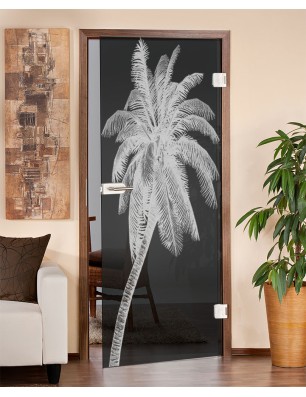 Ganzglastür Palme Gelasert Auf Grauglas