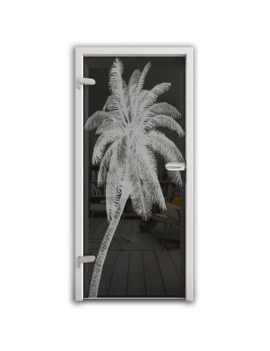 Ganzglastür Palme Gelasert Auf Grauglas