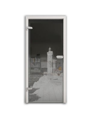 Ganzglastür Leuchtturm 3 Gelasert Auf Grauglas
