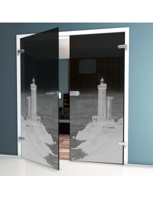 Ganzglastür Leuchtturm 3 Gelasert Auf Grauglas