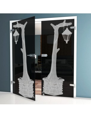 Ganzglastür Baum 2 Gelasert Auf Grauglas