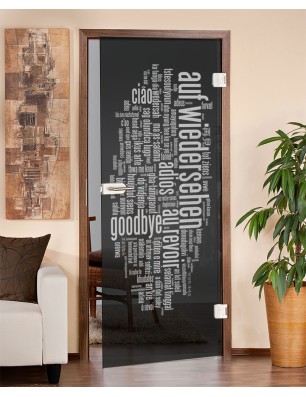 Ganzglastür Auf Wiedersehen Gelasert Auf Grauglas