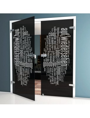 Ganzglastür Auf Wiedersehen Gelasert Auf Grauglas