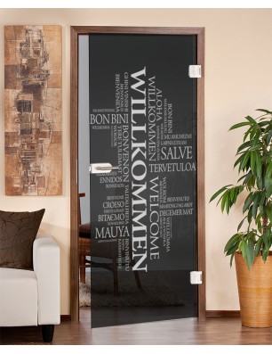 Ganzglastür Willkommen Gelasert Auf Grauglas