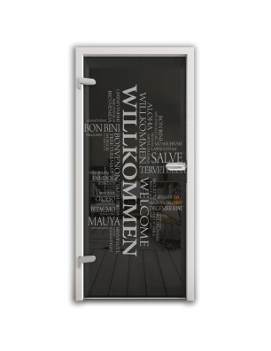 Ganzglastür Willkommen Gelasert Auf Grauglas