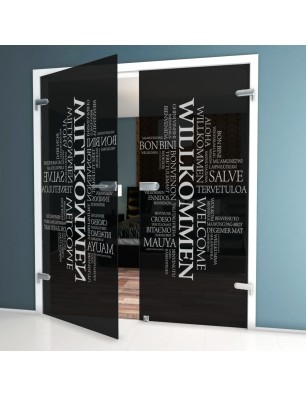 Ganzglastür Willkommen Gelasert Auf Grauglas