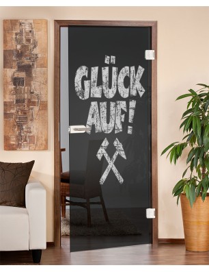 Ganzglastür Glück Auf Gelasert Auf Grauglas