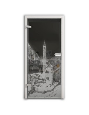 Ganzglastür Alpen Gelasert Auf Grauglas