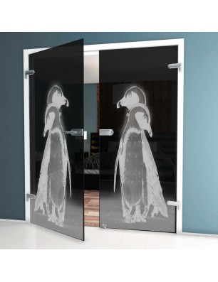 Ganzglastür Pinguine Gelasert Auf Grauglas