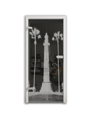 Ganzglastür Leuchtturm 4 Gelasert Auf Grauglas