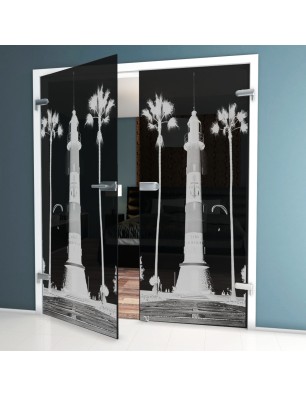 Ganzglastür Leuchtturm 4 Gelasert Auf Grauglas