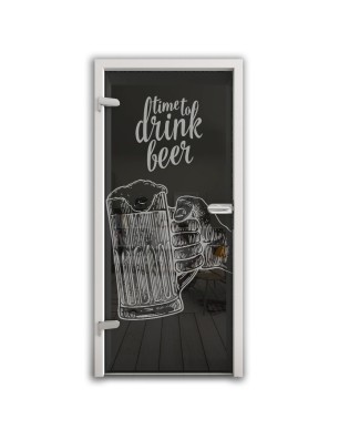 Ganzglastür Time to drink beer Gelasert Auf Grauglas