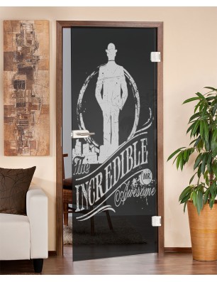 Ganzglastür Mr. Incredible Gelasert Auf Grauglas