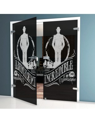 Ganzglastür Mr. Incredible Gelasert Auf Grauglas