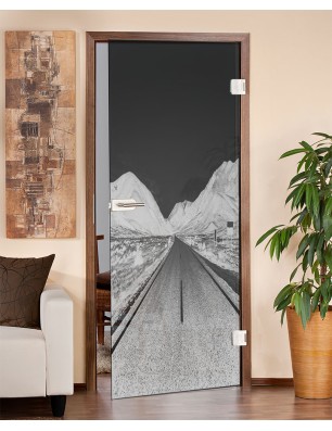 Ganzglastür Alpenstraße Gelasert Auf Grauglas