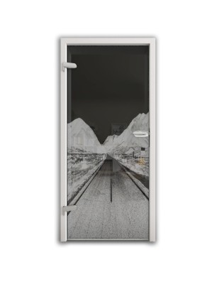 Ganzglastür Alpenstraße Gelasert Auf Grauglas