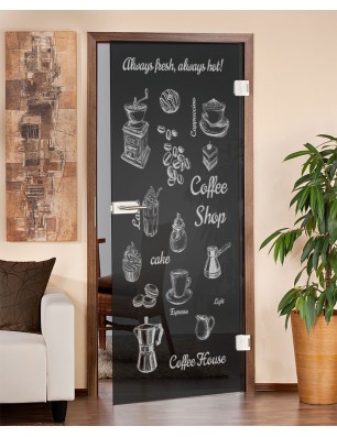 Ganzglastür Coffee Shop Gelasert Auf Grauglas