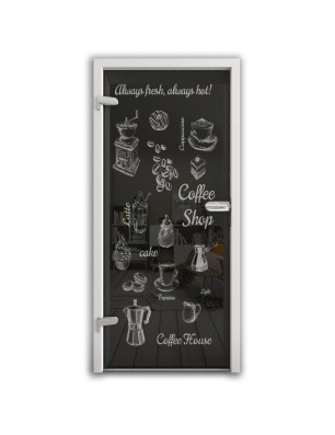 Ganzglastür Coffee Shop Gelasert Auf Grauglas