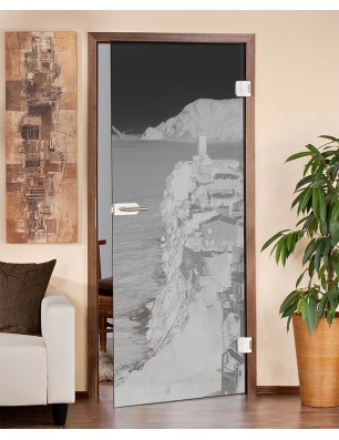 Ganzglastür Mediteranes Dorf Gelasert Auf Grauglas