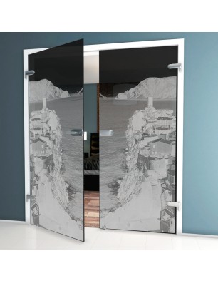 Ganzglastür Mediteranes Dorf Gelasert Auf Grauglas