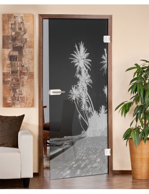 Ganzglastür Palmen Gelasert Auf Grauglas