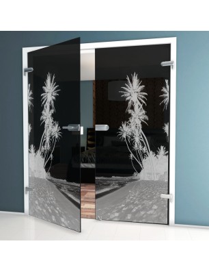 Ganzglastür Palmen Gelasert Auf Grauglas