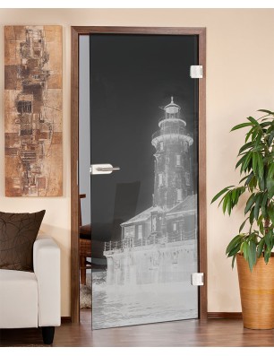 Ganzglastür Leuchtturm 5 Gelasert Auf Grauglas