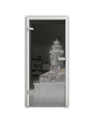 Ganzglastür Leuchtturm 5 Gelasert Auf Grauglas
