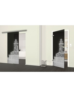 Ganzglastür Leuchtturm 5 Gelasert Auf Grauglas