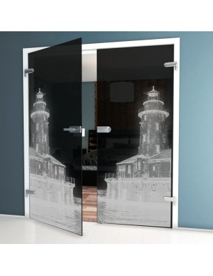 Ganzglastür Leuchtturm 5 Gelasert Auf Grauglas