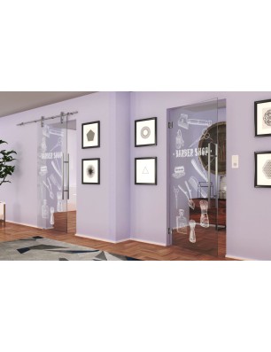 Pendeltür Barber Shop Gelasert Auf Klarglas