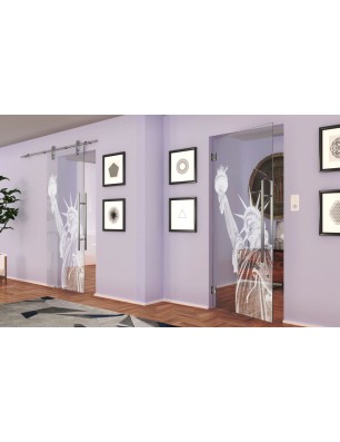 Pendeltür Freiheitsstatue Gelasert Auf Klarglas