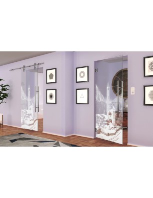 Pendeltür Alpen Gelasert Auf Klarglas