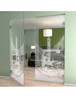 Pendeltür Alpen Gelasert Auf Klarglas