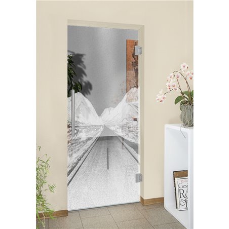 Pendeltür Alpenstraße Gelasert Auf Klarglas