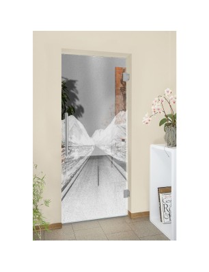 Pendeltür Alpenstraße Gelasert Auf Klarglas