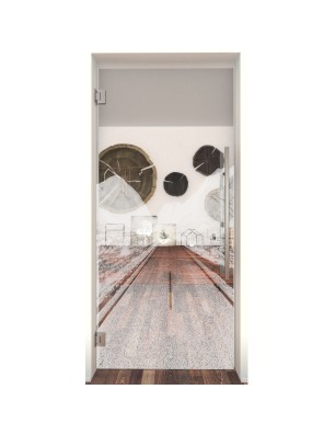 Pendeltür Alpenstraße Gelasert Auf Klarglas