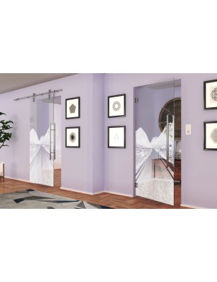 Pendeltür Alpenstraße Gelasert Auf Klarglas