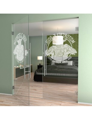 Pendeltür Motorcycle Gelasert Auf Klarglas