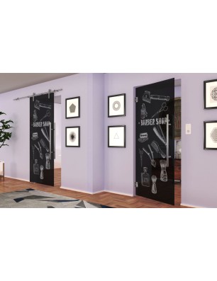 Pendeltür Barber Shop Gelasert Auf Grauglas