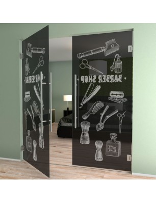 Pendeltür Barber Shop Gelasert Auf Grauglas