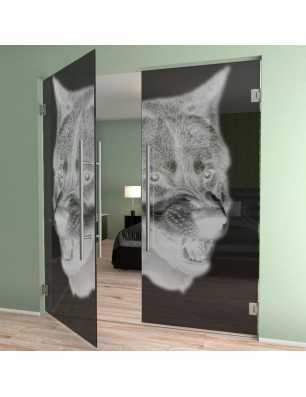 Pendeltür Wolf Gelasert Auf Grauglas