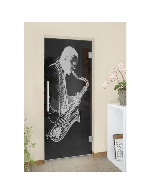 Pendeltür Saksofonist Gelasert Auf Grauglas